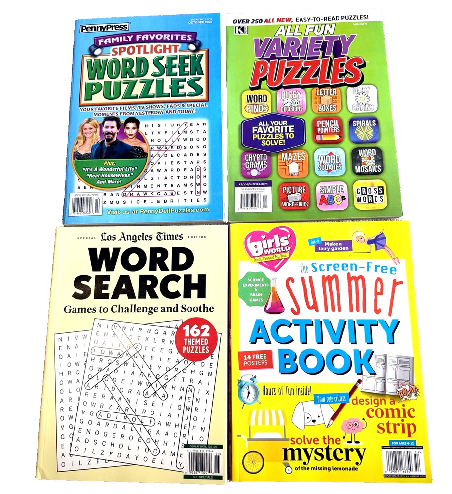 Lot of 4 Puzzle Books Word Search Crosswords Variety Activity Pack New