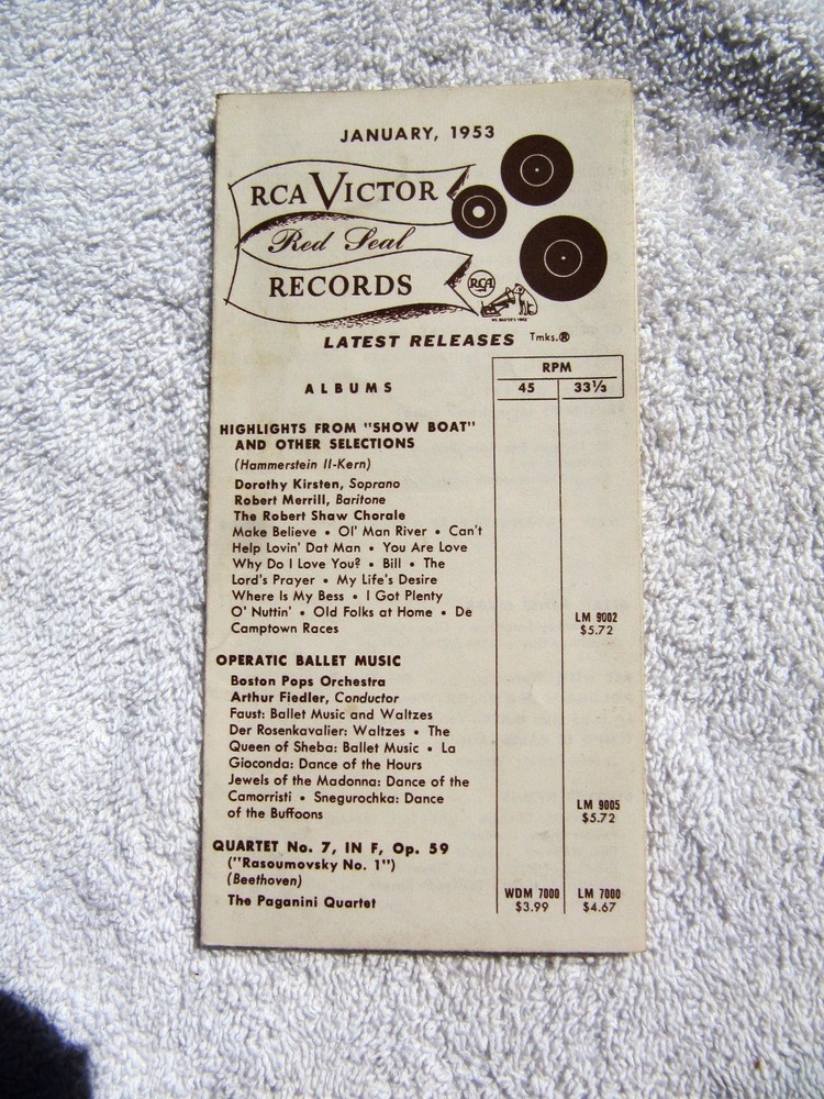 January 1953 RCA VICTOR Red Seal Records Supplement RECORD CATALOG LP 33 45 78