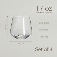 Over&Back 17Oz Modern Glassware – Set of 4 Contemporary Stemless Drinking Glasse