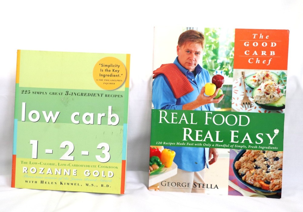 Lot of 2 Books Low Carb 1-2-3, Rozanne Gold & Real FOOD REAL EASY, George Stella