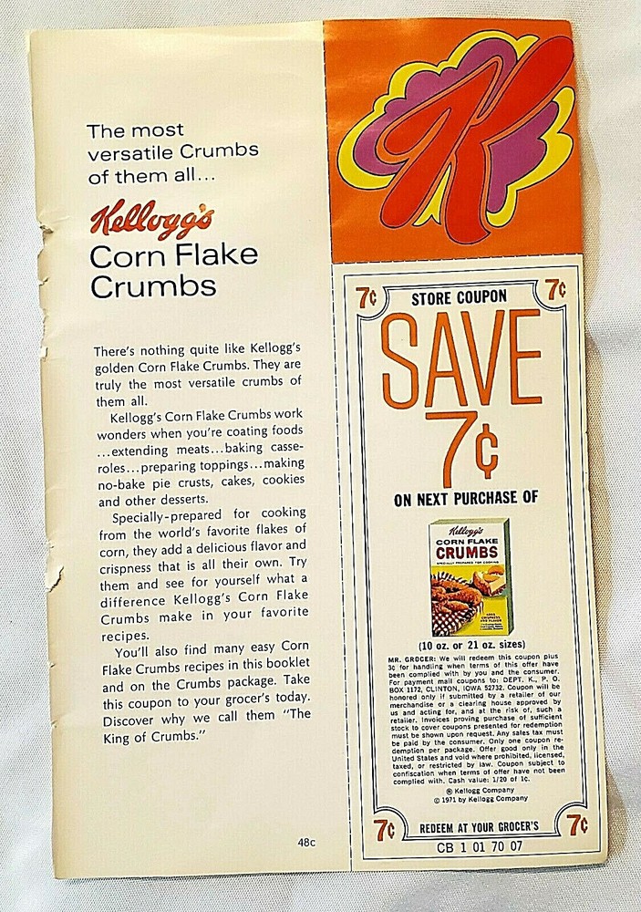 VINTAGE 1971 KELLOGG’S CORN FLAKE CRUMBS COUPON $0.07 CENTS AND AD PAGE