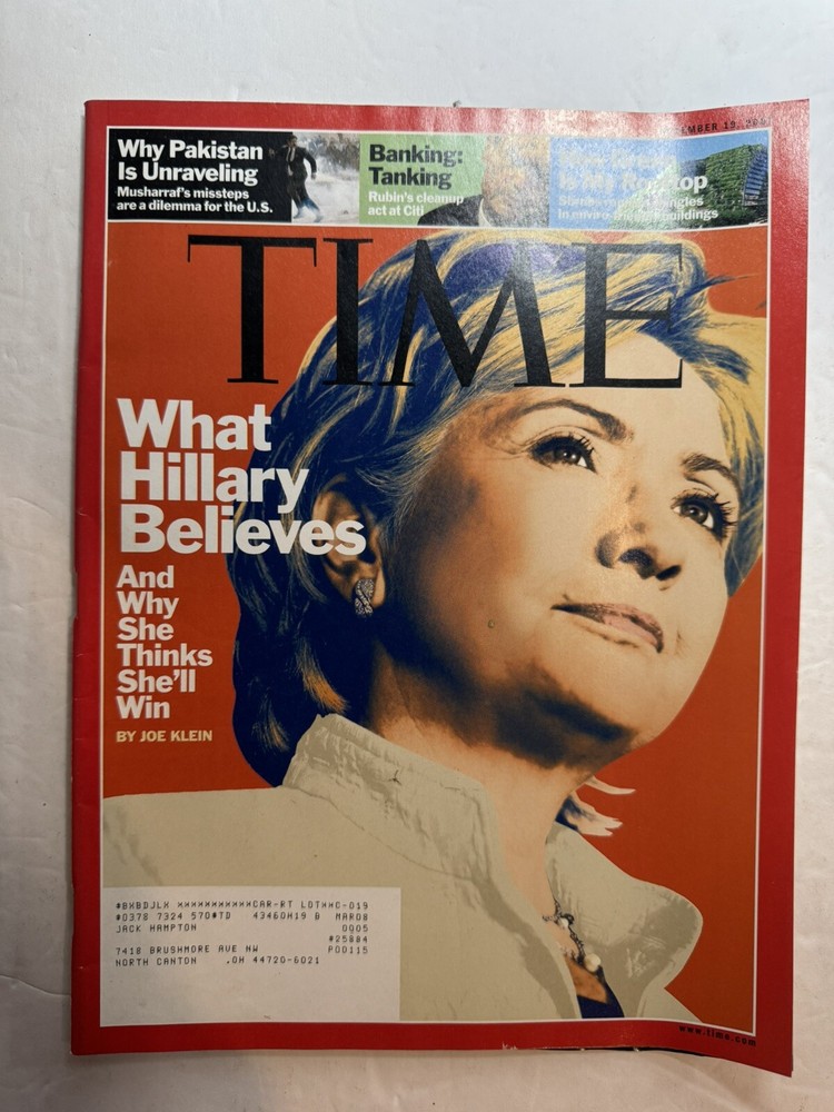 Time Magazine What Hillary Believes: Hillary Clinton November 19, 2007 M228