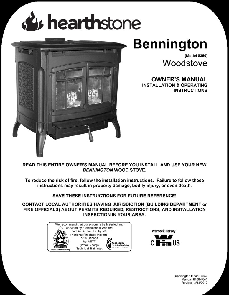 Hearthstone Bennington 8350 User Manual Instructions: 26 Pages Coil Bound