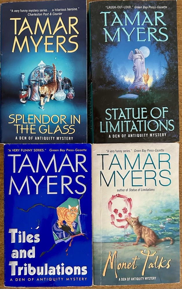 TAMAR MYERS A Den Of Antiquity Mystery Tiles And Tribulations And More Lot of 4