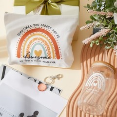 Colorful Superhero Appreciation Gift: 16oz Glass Tumbler, Makeup Bag & Keychain