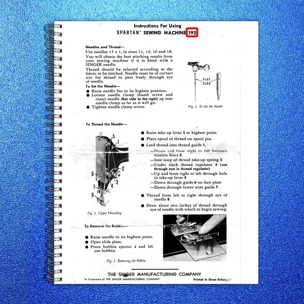 SINGER 192 Spartan Sewing Machine User Manual – STEEL WIRE BOUND – TOUGH COVERS