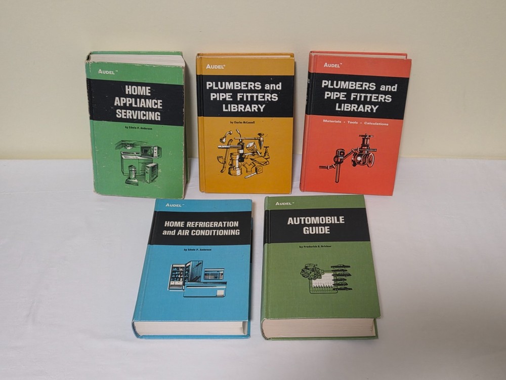 Lot of 5 Audel Hardcover Books. 1960’s-70’s. Home Repair, Plumbing, Automotive