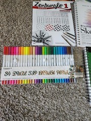 3 Zentangle Coloring Work books. 2 Sketch Books, 30 Color Dual Brush Pens
