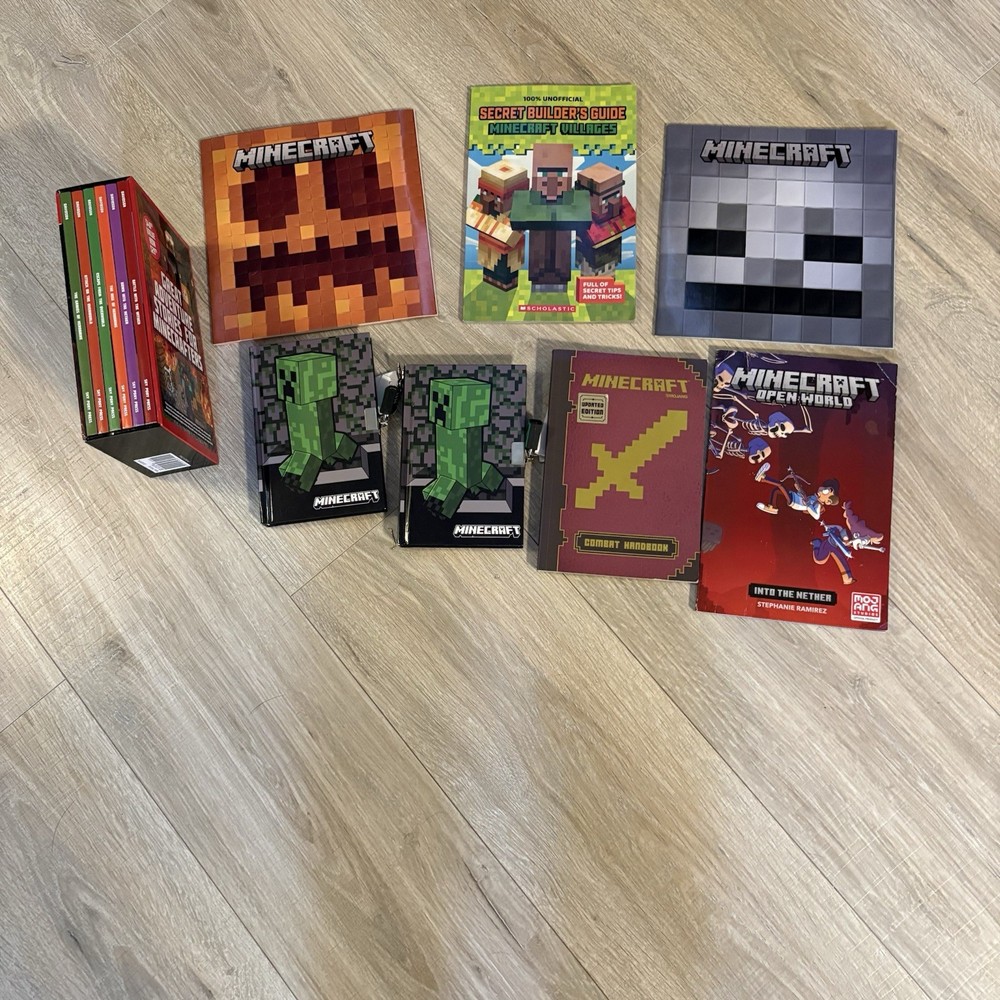 Minecraft Books & Locking Journal Lot 8 Pc Creeper Box Set Handbook Guides Kids