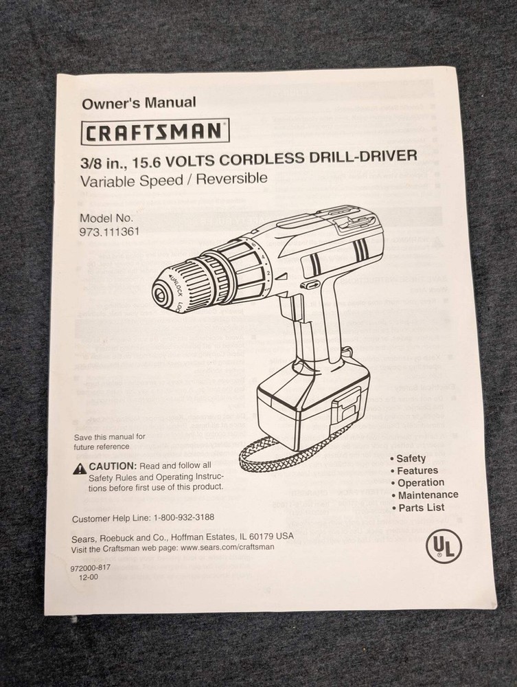 Craftsman 3/8 in 15.6V Cordless Drill-Driver 973.111361 Owner’s Manual
