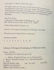 Dictionary of American Pop/Rock – Arnold Shaw, First Edition VG trade PB 1982