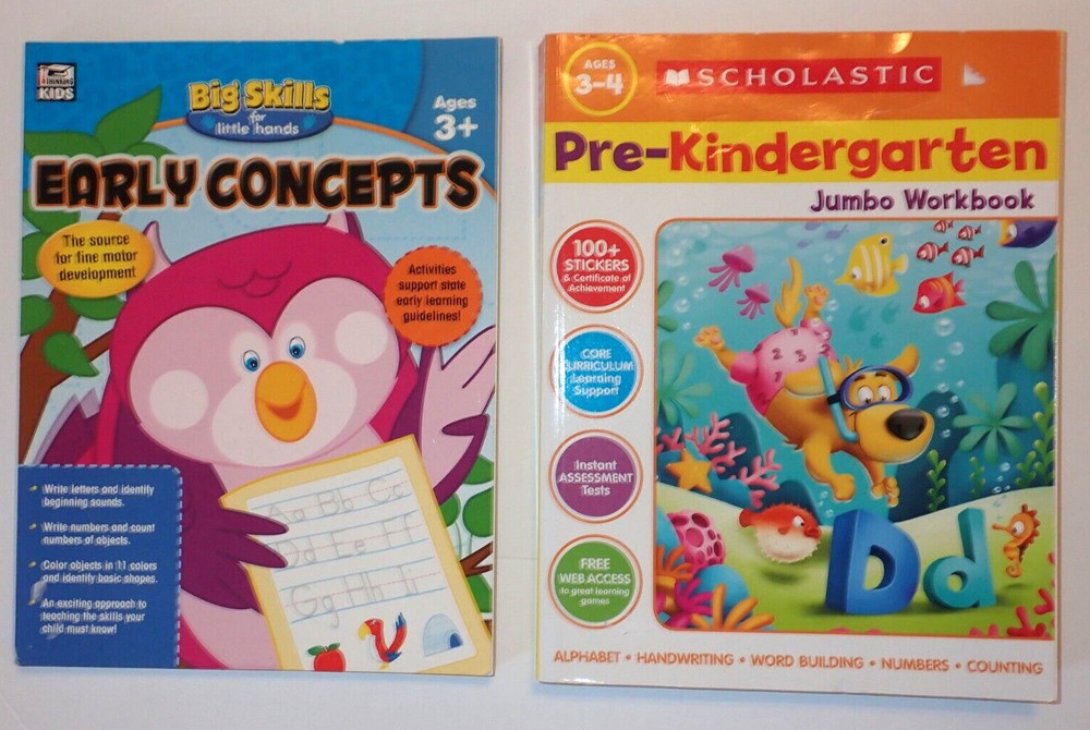 Lot 2 Workbooks Ages 3-4 Scholastic Pre-Kindergarten & Big Skills Early Concepts