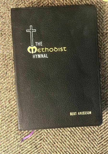 1966 The Methodist Hymnal – black soft leather, gold leaf, purple ribbon