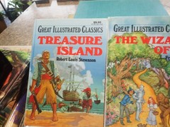 4 BOOK LOT Great Illustrated Classics hardcovers Oz Huckleberry Finn Treasure