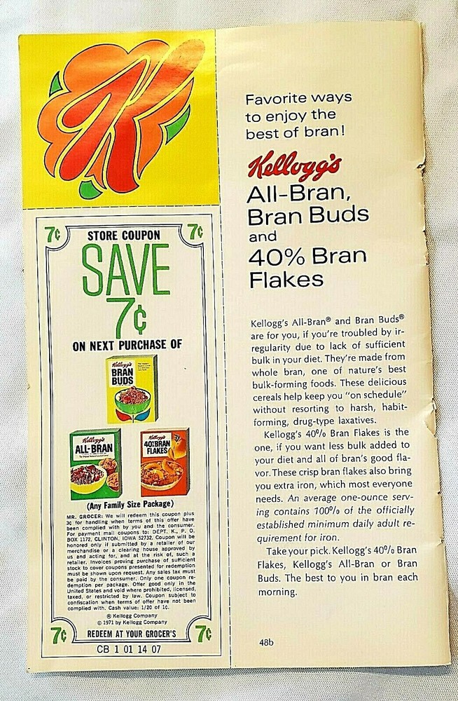 VINTAGE 1971 KELLOGG’S ALL-BRAN BRAN BUDS/ FLAKES COUPON $0.07 CENTS AND AD PAGE