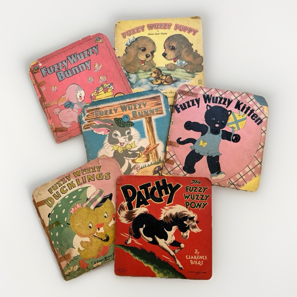 6 Vtg 1940’s Children’s Books Fuzzy Wuzzy series Bunny Puppy Kitten Pony Duck