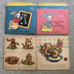 6 Vtg 1940’s Children’s Books Fuzzy Wuzzy series Bunny Puppy Kitten Pony Duck