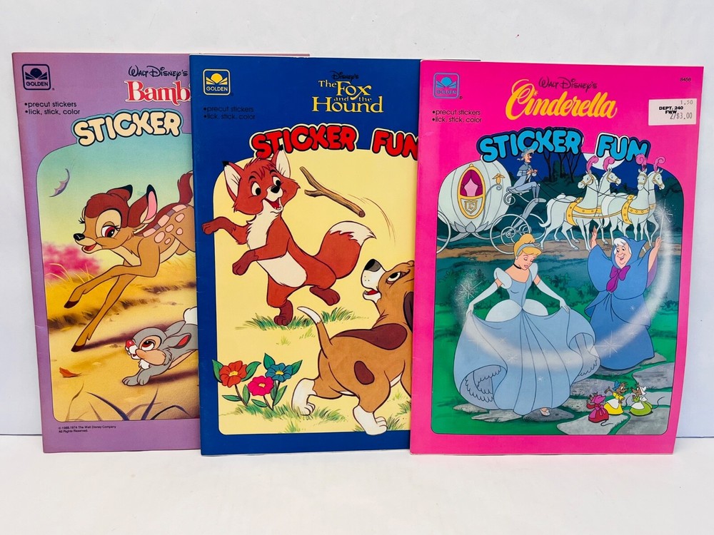 Vintage Disney Sticker Fun Books- Cinderella Fox and the Hound Bambi Set BIN 61