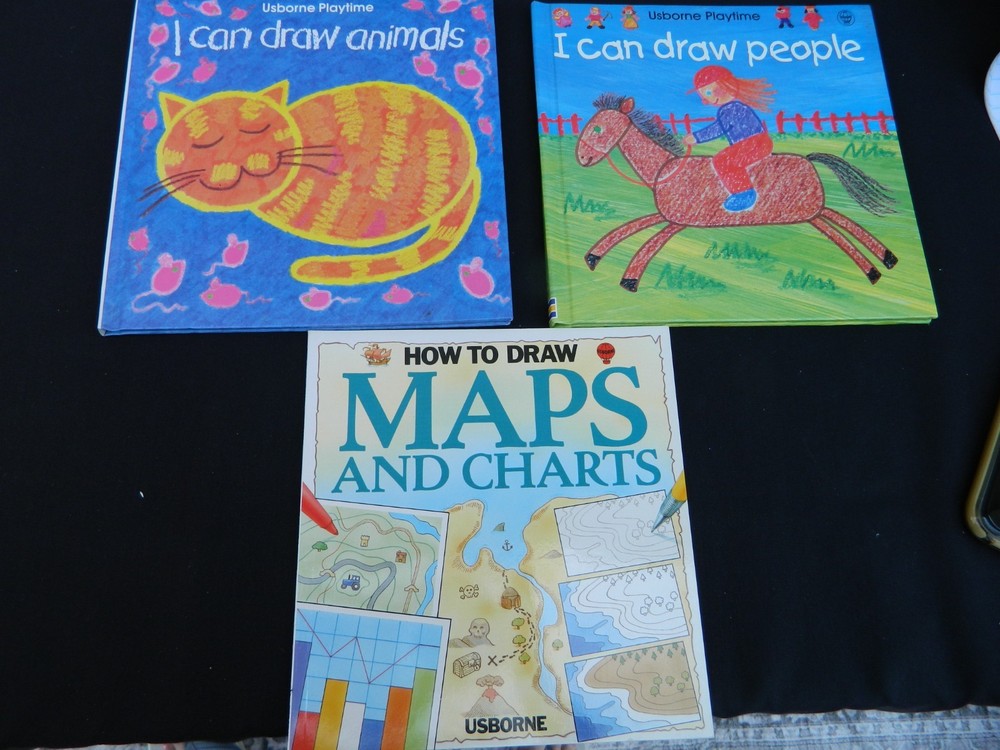 Usborne Lot of 3 Drawing Books – I Can Draw Animals & People + Maps Charts
