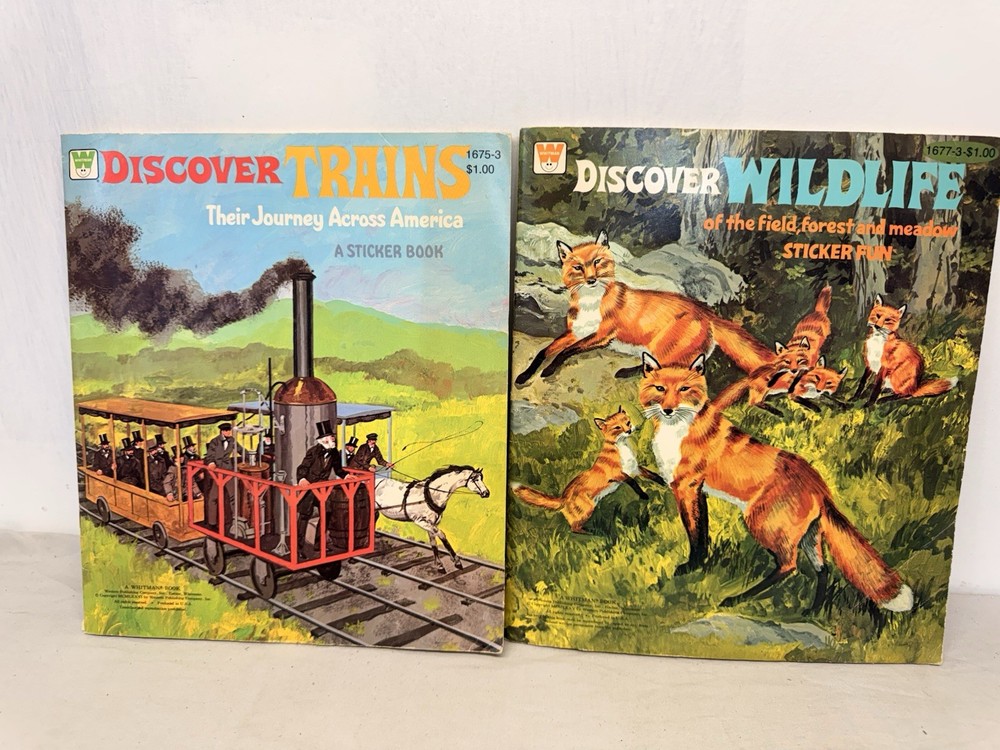 (2) Whitman Discover Trains & Discover Wildlife Sticker Fun Book Unused 1970s