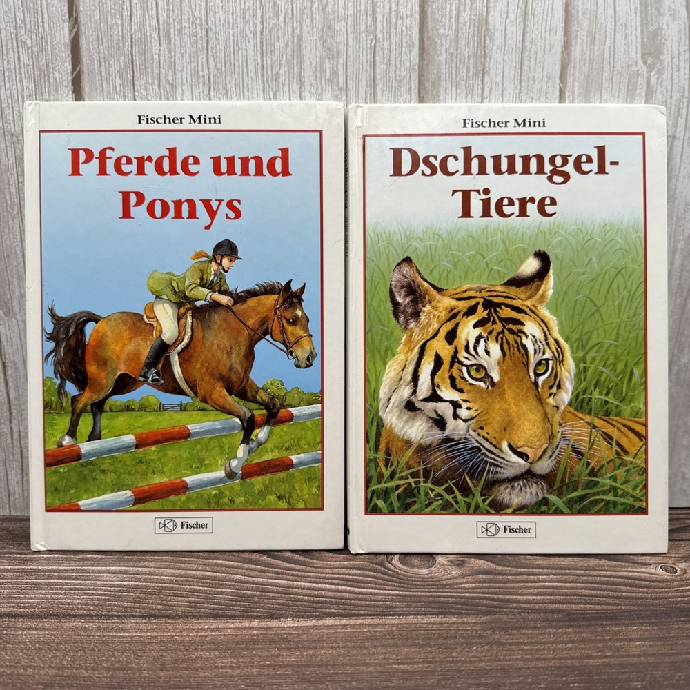 2 German Childrens Books HC Animals Horses Pony Jungle Tiger Fisher Reader Lot
