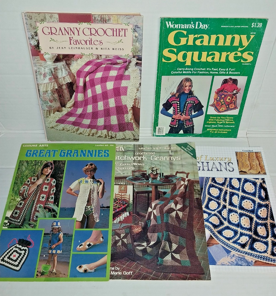 Lot 5 Crochet Granny Square patterns book Crocheted Patchwork sweaters afghans+