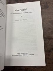 ONE PEOPLE: Tradition, Modernity and Jewish Unity By Jonathan Sacks