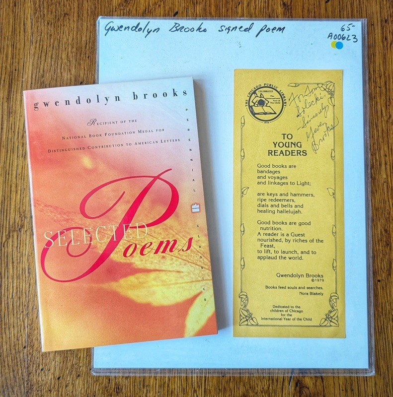 2 Signed Items by Gwendolyn Brooks – Selected Poems Book & To Young Readers Poem