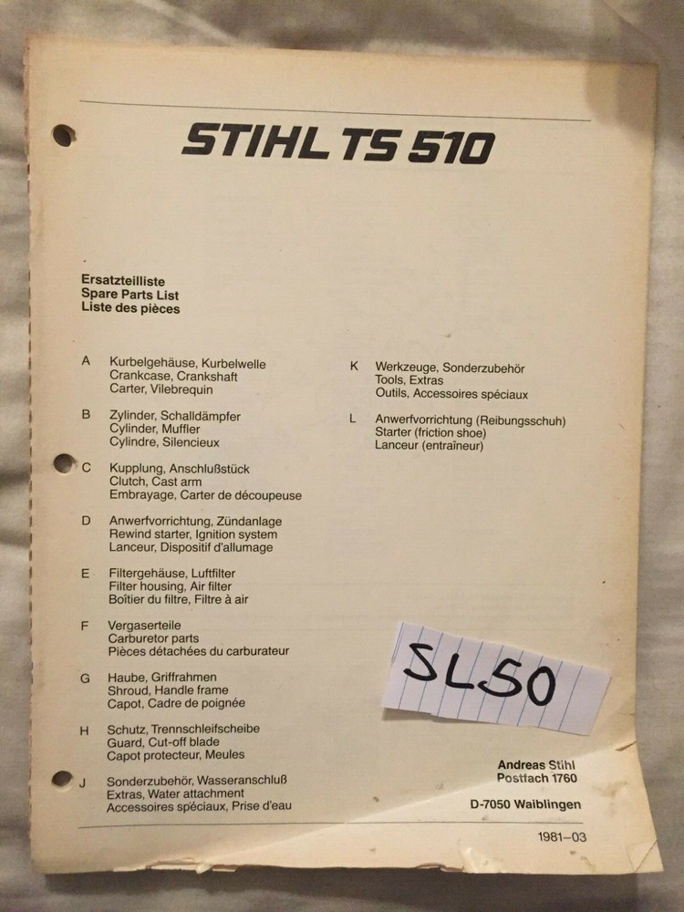 Stihl TS 510 Chainsaw Spare Parts List – Parts Manual – 37 Pages