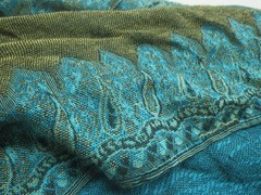 Unbranded Used Teal Tapestry Scarf With Fringe Details Blue Gold Rich Colorful