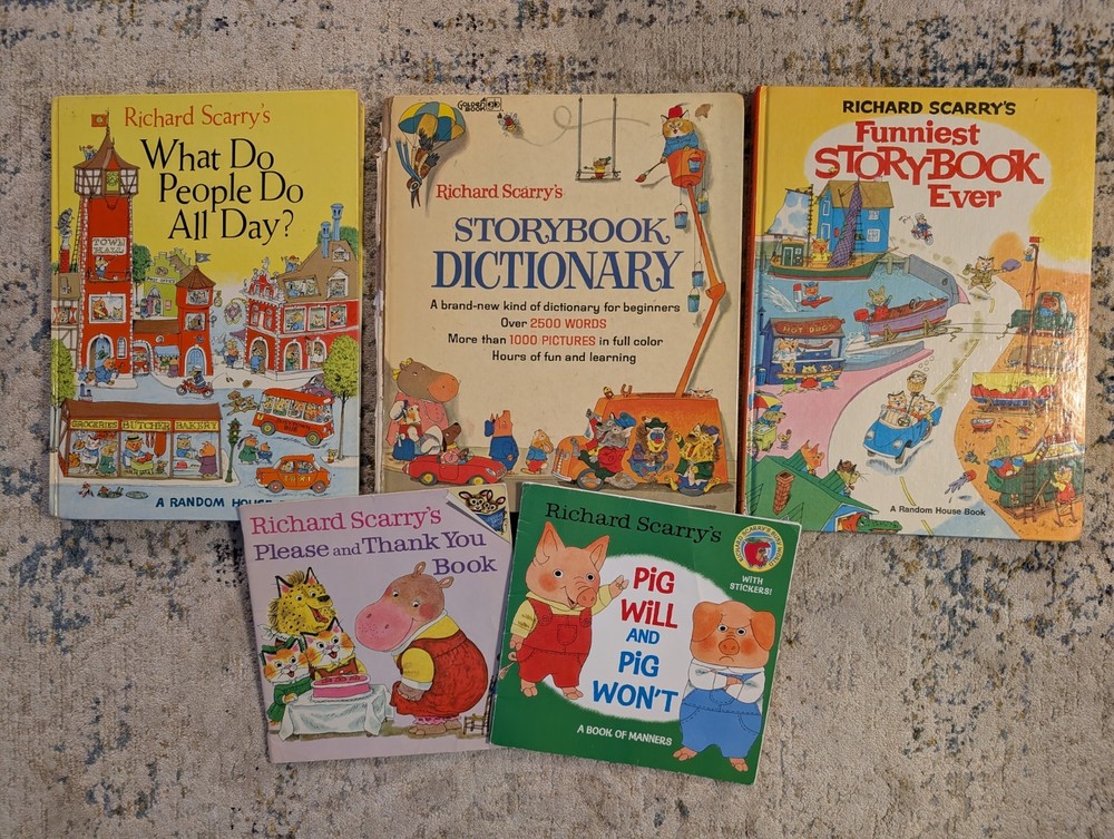 Richard Scarry Lot of (5) – 3 Large Vintage Hard Cover 60s/70s + 2 Paperbacks
