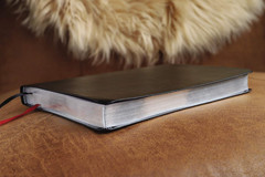 NIV, Thinline Bible, Large Print, Bonded Leather, Black, Red Letter, Comfort Pri