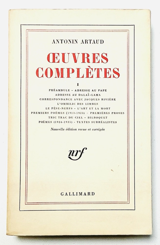 ANTONIN ARTAUD Oeuvres complètes, tome 1, livre 1 NRF GALLIMARD 1970 VOL.1 RARE