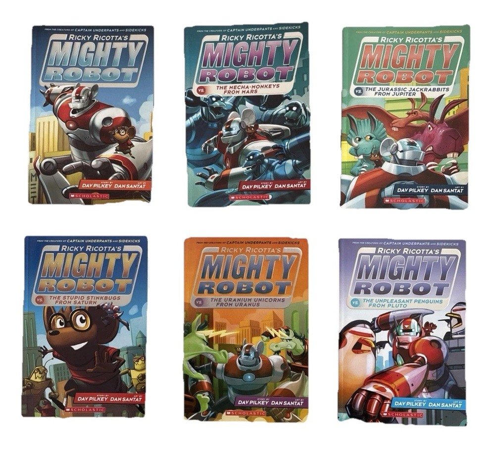 Lot of 6 Ricky Ricotta’s Mighty Robot PBs, Books 1 4 5 6 7 9 by Dav Pilkey