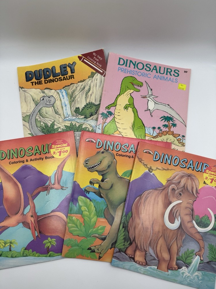 Vintage Lot of 5 DINOSAUR Coloring Books Most Unused But One Has Marks