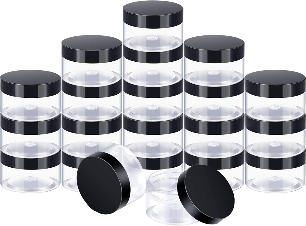 SATINIOR 24 Pieces Empty Clear Plastic Jars with Lids Round 1 OZ, Black Lid