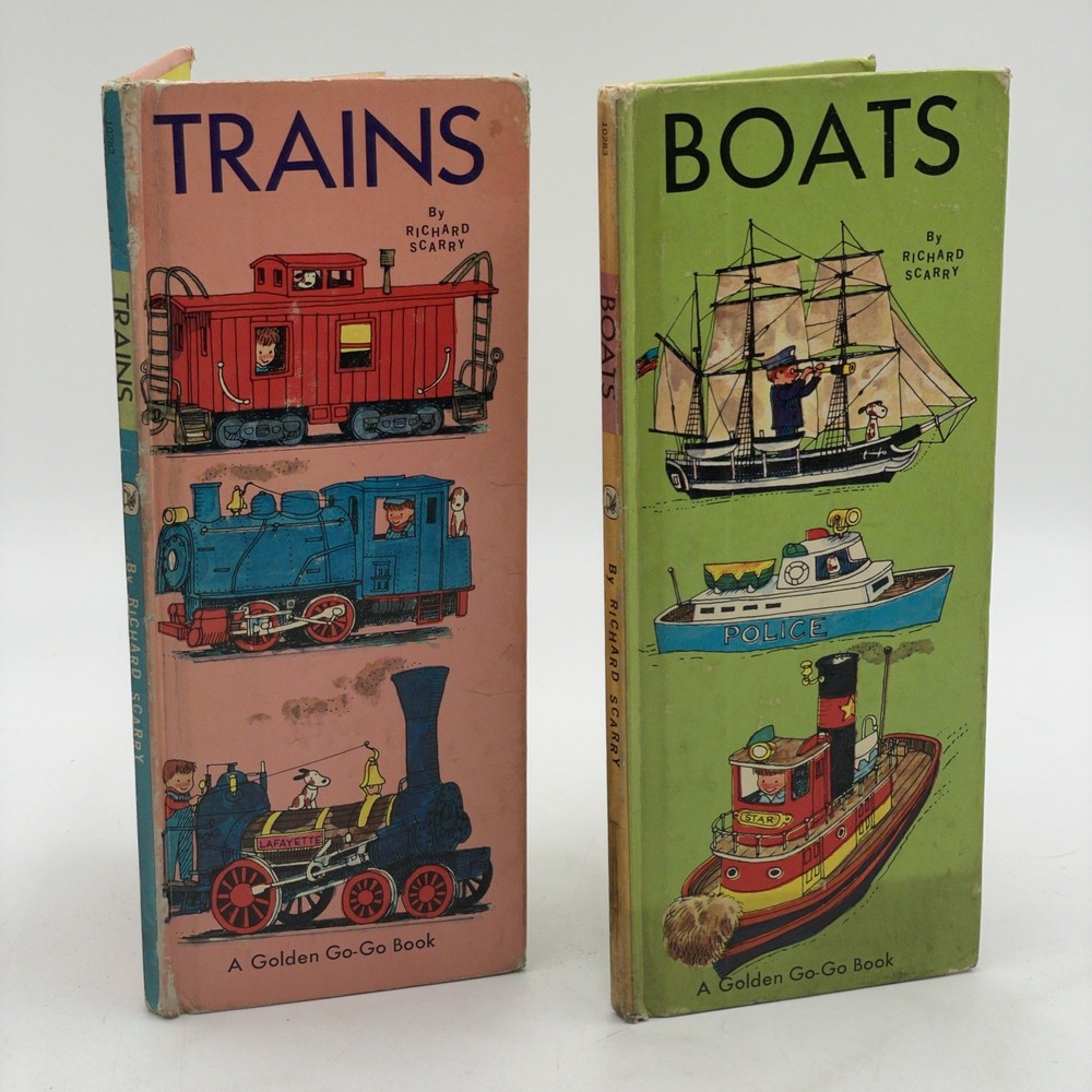 2 Richard Scarry Golden GoGo Books Vintage 1967 Trains Boats 60s Children’s