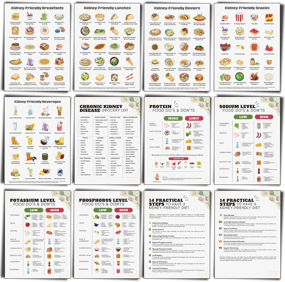 Sinload 12 Pcs Kidney Friendly Food List Poster Kidney Diet Chart Guide for Heal