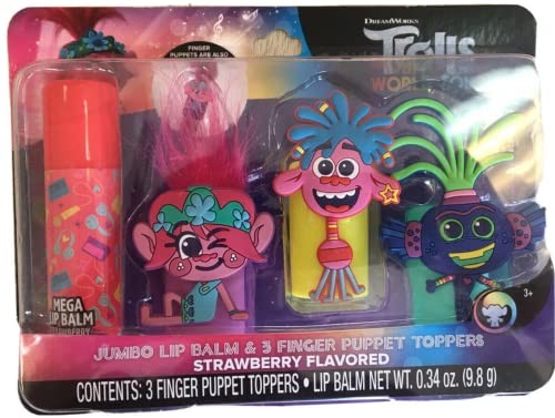 TOS Trolls World Tour-Jumbo Lip Balm Strawberry Flavored & 3 Finger Puppet Toppe