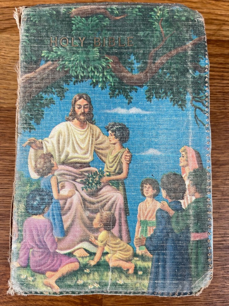 1960s Childs Holy Bible Book King James Vivid Color Illustrations Distressed