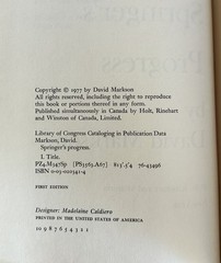 David Markson – Springer’s Progress – 1977 Hardcover First Edition – Near Fine