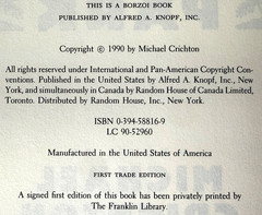 Jurassic Park, Michael Crichton 1990 1st ed 1st print w $19.95 DJ in Mylar