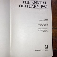 The Annual Obituary 1980 First Edition Hardcover St. Martin’s Press w DJ 874 pgs