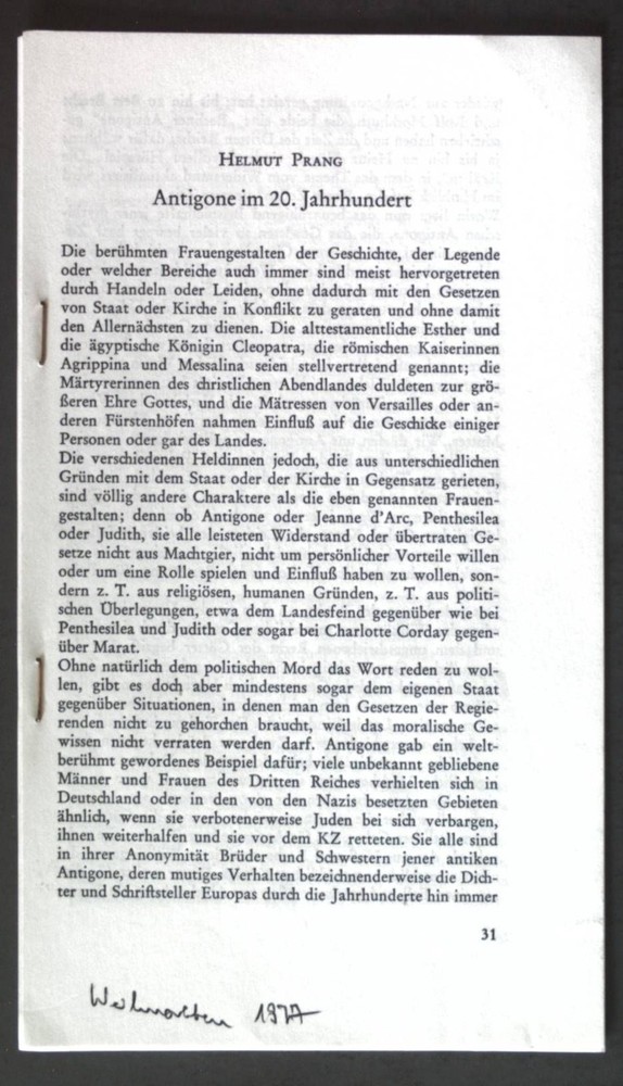 Antigone im 20. Jahrhundert; Sonderdruck aus: keine Angabe; Prang, Helmut: