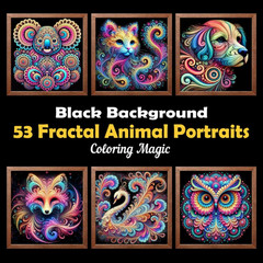 53 Fractal Animal Portraits: Stress Relief Scratch Art Style Adult Coloring Book