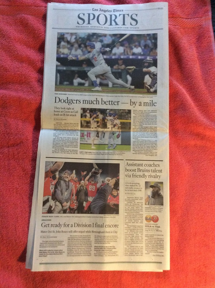 LA TIMES SPORTS SECTION AUGUST 21 2025 DODGERS ALEX CALL TEOSCAR HERNANDEZ