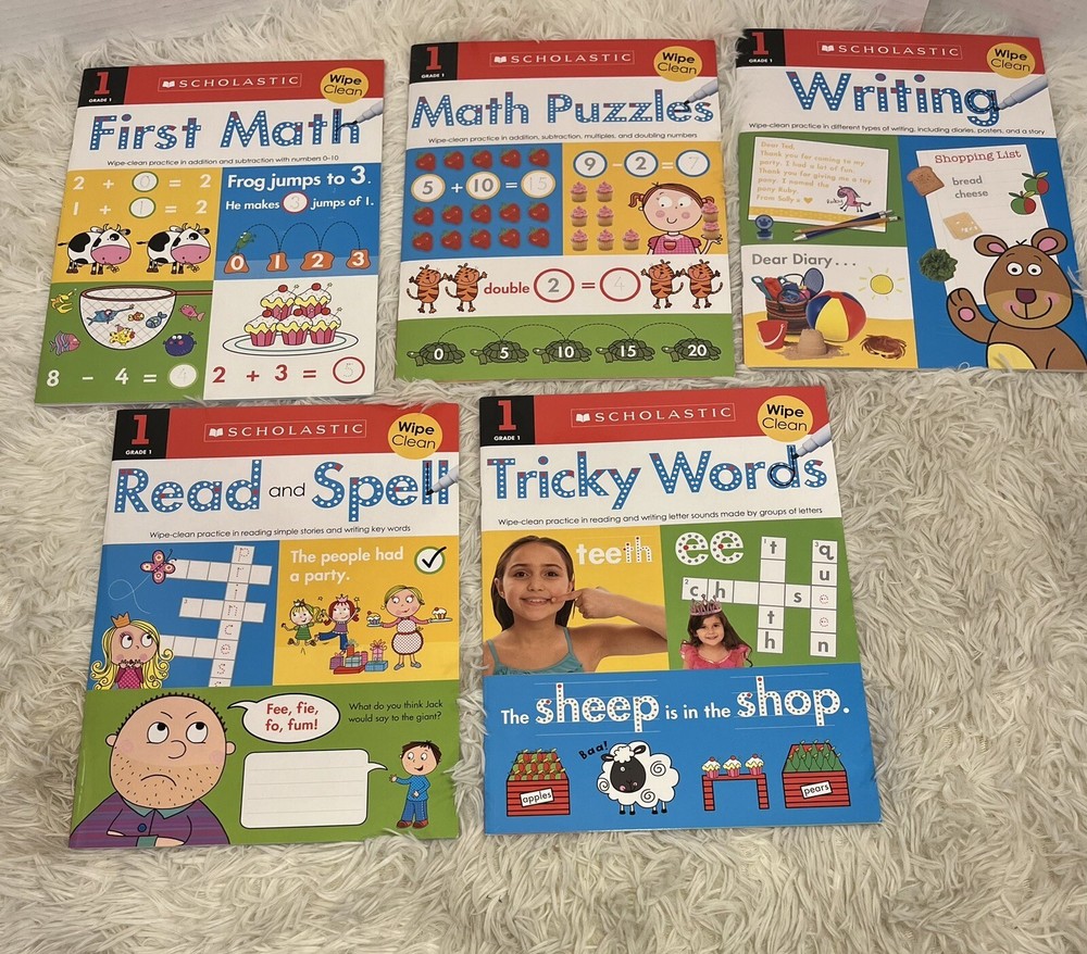 Scholastic First Grade Books Wipe Clean Math Reading Writing Spelling Puzzles 5