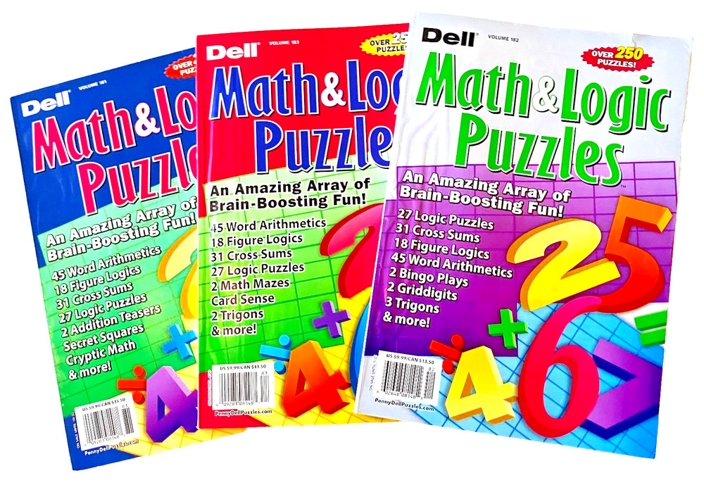NEW Lot 3 Penny Press Dell Math & Logic Problems Puzzle Books Volumes 181-183