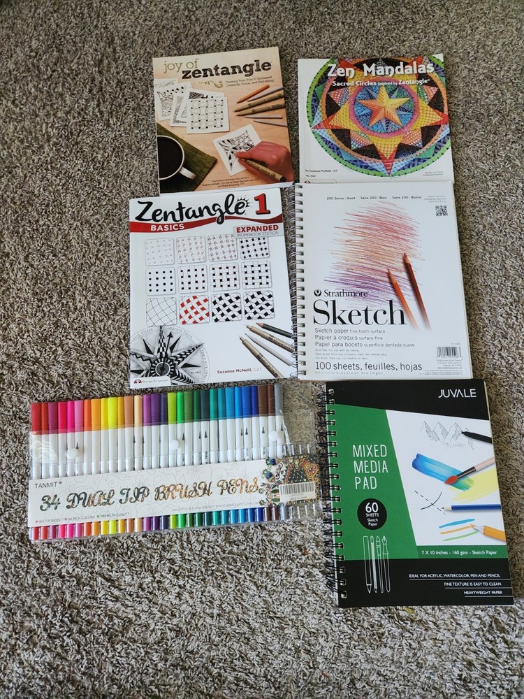 3 Zentangle Coloring Work books. 2 Sketch Books, 30 Color Dual Brush Pens