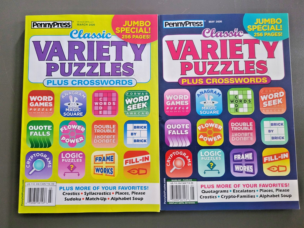 Lot of 2 Classic Variety Puzzles Plus Crosswords by Penny Press – Jumbo Specials